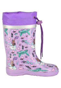 Botte de pluie violette avec un design texturé mettant en avant des tortues de mer, des sirènes et des méduses. Partie supérieure ajustable avec cordon de serrage et accents en argent.