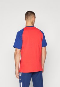 Punane ja sinine lühikeste varrukatega t-särk ümmarguse kaelusega ja kontrastse raglaanmustriga varrukatega. Materjal näib sile ja vabaajaliseks sobiv.