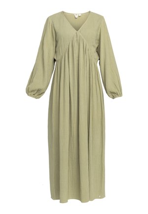 Lang, groene jurk van gekreukt materiaal met een V-halslijn, geplooide buste en vloeiende rok. Heeft lange ballonsmouwen en een zachte textuur.