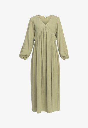 Abito lungo verde in tessuto stropicciato con scollatura a V, busto arricciato e gonna fluida. Presenta maniche lunghe a palloncino e una consistenza morbida.