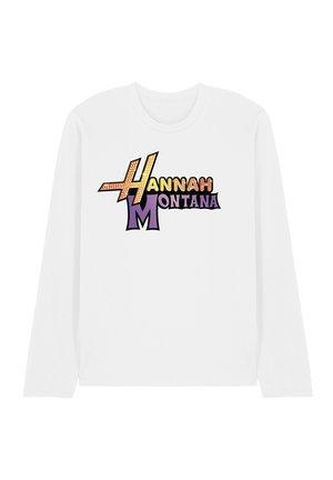 Weißes Langarmshirt mit buntem "Hannah Montana"-Textlogo in Gelb, Orange und Lila, zentriert auf der Vorderseite.