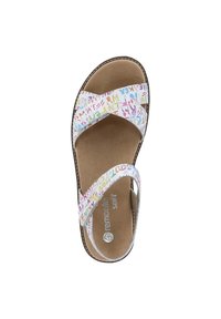 Weiße Sandalen mit bunten, abstrakten Mustern. Überkreuzte Riemen und eine gepolsterte Innensohle. Der Markenname "remonti soft" in Silber auf der Innensohle.