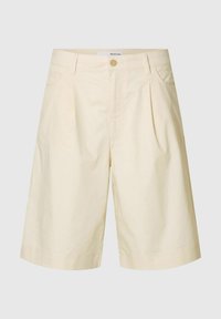 Béžové bavlněné šortky s rovný střih, s knoflíkovým zapínáním, dvěma předními kapsami a sklady pro dodatečnou strukturu.