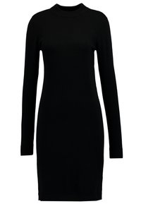 Robe noire en tricot avec manches longues et col montant. Texture lisse, coupe ajustée et détails côtelés aux poignets et à l'ourlet.