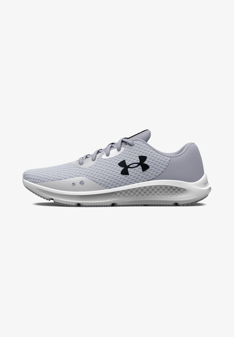 Gray athletic shoe with a breathable mesh upper, black logo, and a textured midsole. Rounded toe and white rubber sole with grip pattern.