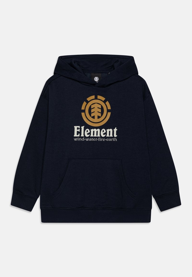 Sweat à capuche bleu marine avec une poche avant, des poignets côtelés et un grand logo imprimé en or et blanc accompagné de texte.