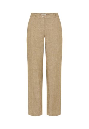 Beige linnen broek met rechte pijpen, sluiting met knopen aan de voorkant en riemlussen, ontworpen voor een ontspannen pasvorm.