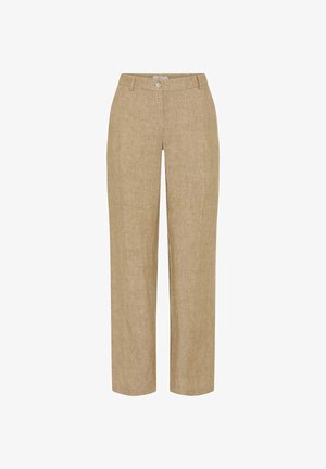 Pantaloni beige in lino a gamba dritta con chiusura frontale con bottoni e passanti per cintura, progettati per una vestibilità comoda.