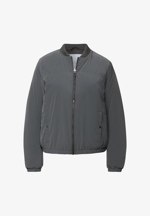 Veste bomber grise avec un col côtelé, fermeture éclair à l'avant et poches latérales, avec des poignets et un ourlet élastiques. Fabriquée en matériau lisse et léger.