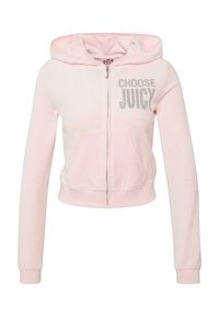 Růžová zkrácená mikina vyrobená z měkké tkaniny, s metalickou glitrovou potiskem "CHOOSE JUICY" a předními kapsami, se zipovým uzávěrem a kapucí.