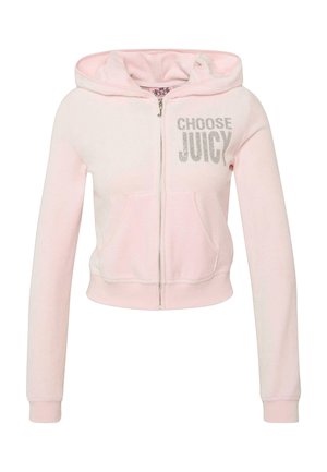 Felpa crop fucsia realizzata in morbido tessuto, con stampa glitter argento "CHOOSE JUICY" e tasche frontali, dotata di chiusura con zip e cappuccio.