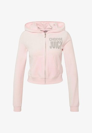 Roza skrajšana kapuca iz mehkega blaga, ki ima srebrno bleščeč napis "CHOOSE JUICY" ter sprednje žepe, z zadrgo in kapuco.