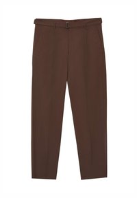 Braune maßgeschneiderte Hosen mit Gürtelschlaufen, Seitentaschen, vorderer Bügelfalte und einem passenden Stoffgürtel mit einer metallischen Schnalle.