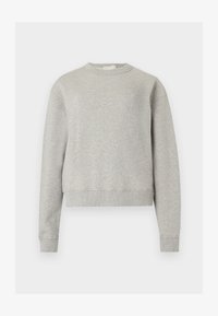 Sudadera gris claro con cuello redondo, mangas largas y un texto sutil bordado en el pecho izquierdo, mostrada sobre un fondo blanco liso.