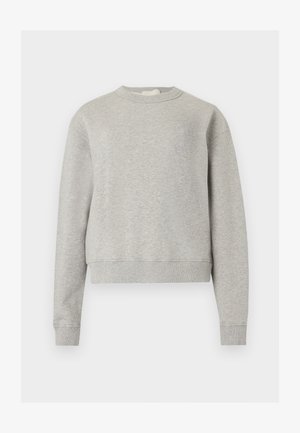 Ανοιχτό γκρι φούτερ με λαιμόκοψη και μακριά μανίκια, με διακριτικό κεντημένο κείμενο στο αριστερό στήθος, εμφανίζεται σε λευκό φόντο.