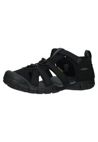 Black water sandals with rubber toe cap, mesh upper, adjustable straps, and textured sole. Designed for comfort and durability.