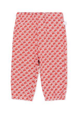 Pantaloni rossi per bambini con girovita elasticizzato e polsini, coperti da testo bianco che ripete "I LOVE YOU" in maiuscolo.