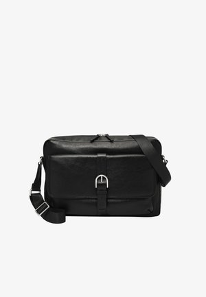 Sac messager en cuir noir de forme rectangulaire, avec un accent en boucle centrale, une sangle réglable et une fermeture éclair.