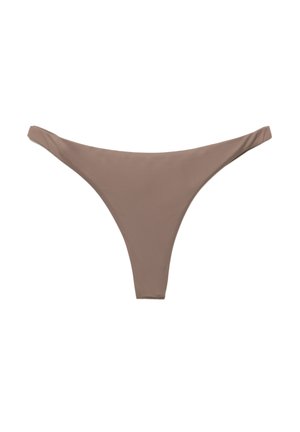 Brown bikini thong made of smooth fabric, featuring a minimalist design with thin sides and a high-cut leg shape for minimal coverage.