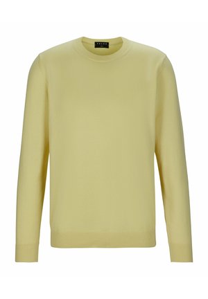 Jasnożółty sweter z okrągłym dekoltem, wykonany z miękkiego materiału. Długie rękawy z ribbowymi mankietami i dołem. Minimalistyczny design, bez widocznych wzorów czy akcentów.