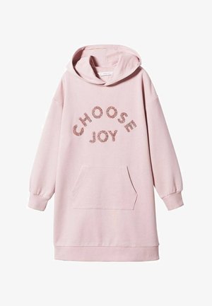 Robe sweat à capuche rose clair en tissu doux, avec une poche frontale et le texte scintillant « CHOOSE JOY » sur la poitrine.