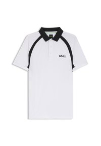 Weißes Poloshirt mit schwarzen Akzenten, kurzen Ärmeln und einer dreiknöpfigen Knopfleiste. "BOSS"-Logo in Schwarz auf der linken Brust.