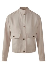 Beige kort jakke med høj krave, frontknaplukning og to store klaplommer. Glat stof med let glans.