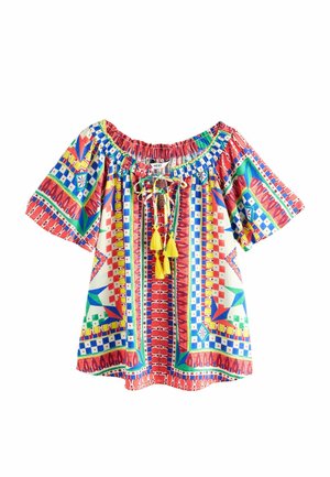 REGULAR FIT - SHORT SLEEVE TIE NECK BARDOT - Bluse - red blue scarf print