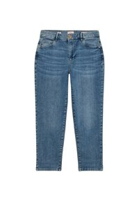 Vaqueros de denim azul claro con corte ajustado, diseño de cinco bolsillos y cierre de botón en la cintura. Textura suave, con sutiles detalles de desgaste.
