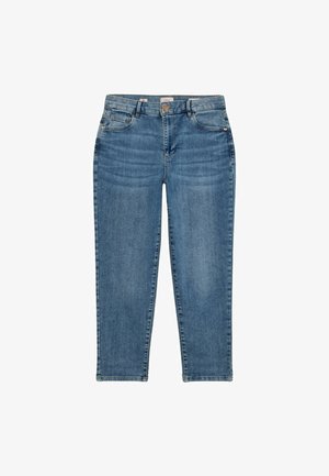 Lichtblauwe denimjeans met een slim fit, vijf pocketontwerp en een knoopsluiting bij de taille. Zachte textuur, met subtiele vervagingdetails.