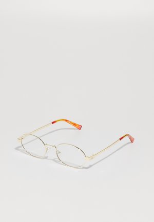 Ochelari de metal aurit cu lentile ovale, având brațe accentuate de roșu și portocaliu. Design minimalist cu suporturi de nas ajustabile.