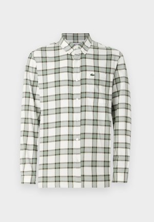 Camicia button-up bianca con motivo a quadri verdi e grigi. Presenta un colletto, maniche lunghe e un piccolo logo ricamato sul petto.