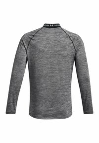 Maglietta sportiva a maniche lunghe in un tessuto grigio melange, con colletto nero e logo, e maniche raglan per una maggiore libertà di movimento.