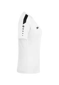 Maglietta sportiva bianca a maniche corte con accenti neri sulle spalle e logo. Tessuto liscio, design aderente e scollatura rotonda.