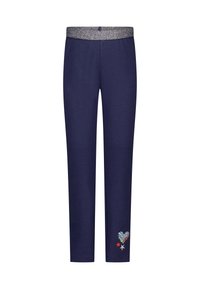 Navyblauwe broek met een sprankelende grijze tailleband; heeft kleurrijke borduurdetails van hartjes en sterren op het onderste deel van het linkerpant. Gemaakt van een katoenmix.