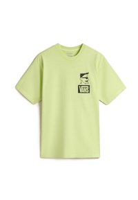 Hellgrünes Baumwoll-T-Shirt mit kurzen Ärmeln, das ein schwarzes grafisches Logo und eine Illustration auf der linken Brustseite zeigt.