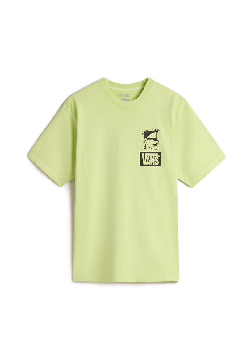 Hellgrünes Baumwoll-T-Shirt mit kurzen Ärmeln, das ein schwarzes grafisches Logo und eine Illustration auf der linken Brustseite zeigt.