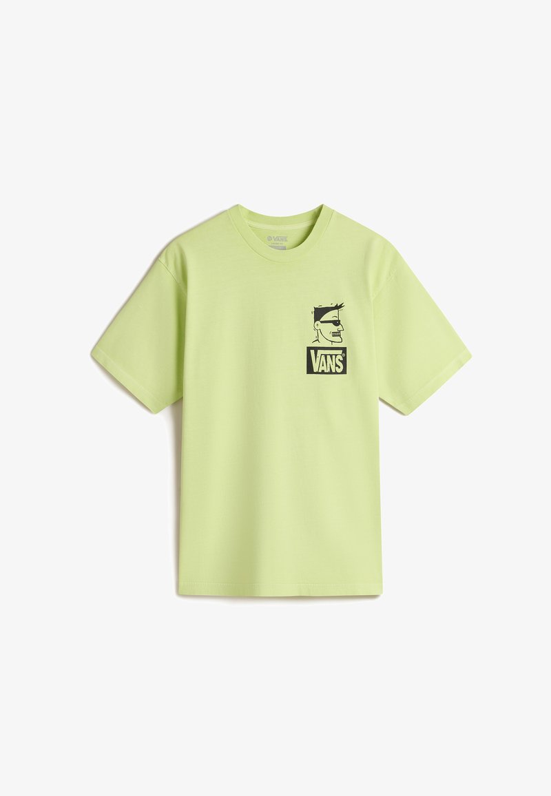 Camiseta de algodón verde claro con mangas cortas, que presenta un logotipo gráfico negro y una ilustración en el área del pecho izquierdo.
