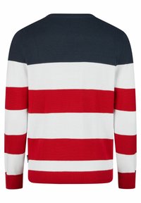 Gestreifter Pullover in Marineblau, Weiß und Rot, mit gestrickter Textur, Rundhalsausschnitt sowie gerippten Bündchen und Saum. Rückansicht dargestellt.