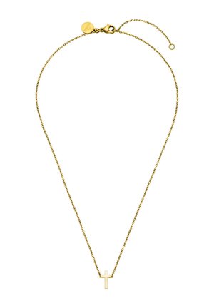 Feine goldene Halskette mit kleinem Kreuzanhänger und verstellbarem Verschluss auf weißem Hintergrund.