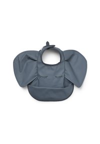 Grå elefant-tema savlesmæk med store, flagrende ører, en rund halsåbning og design med lukkede øjne; lavet af et glat, vandtæt materiale.