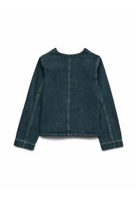 Donkerblauwe denimjas met lange mouwen, een ronde halslijn en minimale stikdetails op de rug. Geen zakken of versieringen zichtbaar.