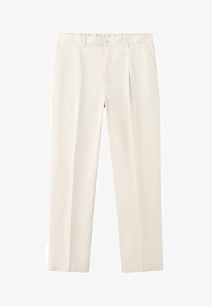 Pantaloni beige su misura con fronte piatto, pieghe, tasche laterali e chiusura con bottone. Tessuto liscio con design a gamba dritta.