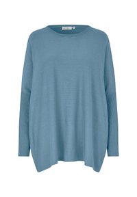 Jasnoniebieski, oversize sweter z miękkiego dzianiny, z okrągłym dekoltem i ściągaczowymi rękawami. Gładka struktura z luźnym krojem.