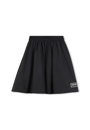 Jupe noire avec une taille élastique arborant le logo "KENZO PARIS". Coupe évasée, tissu lisse, longueur genoux avec une étiquette sur l'ourlet.