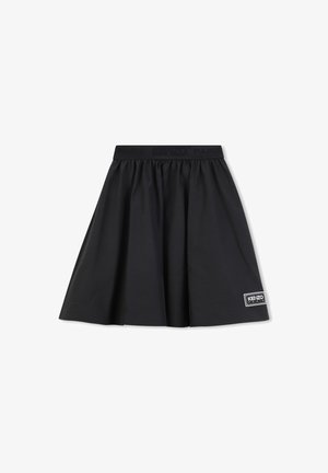 Zwarte rok met een elastische tailleband met het "KENZO PARIS" logo. A-lijn vorm, zachte stof, knielang met een label op de zoom.