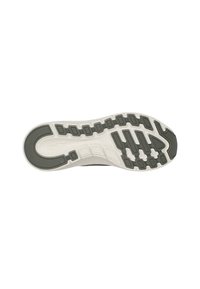 Suela de zapato deportivo en blanco y gris oscuro. Presenta patrones de tracción texturizados, un talón curvado y zona de puntera reforzada para mayor estabilidad.