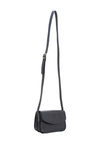 Borsa a tracolla in pelle di color grigio scuro, con una patta anteriore, due scomparti e una lunga tracolla regolabile. Tessuto liscio con cuciture sottili.