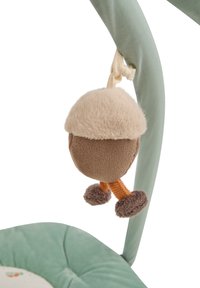 Soft plush hanging toy with a brown face, beige cap, and textured legs, attached to a mint green frame with a cushioned seat.