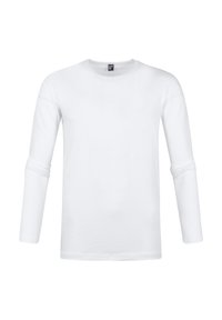 Langsleeve wit T-shirt gemaakt van zachte katoen. Heeft een ronde halslijn en aansluitende mouwen. Geen patronen of grafieken. Eenvoudig, basisontwerp.